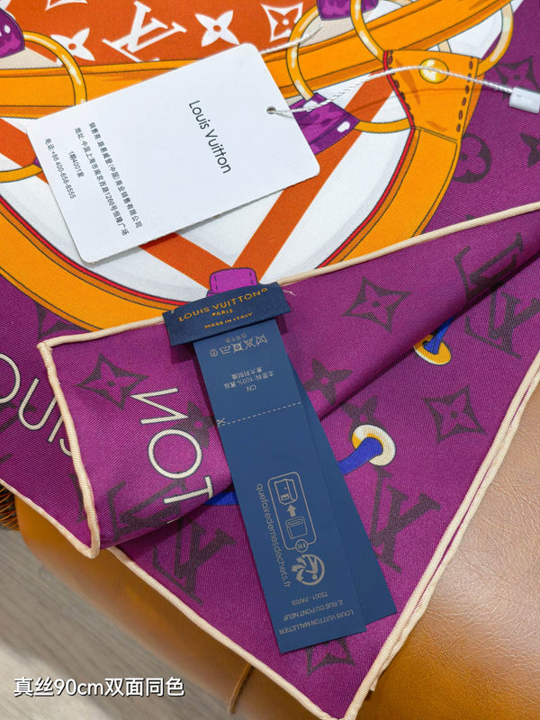 LV Scarf 90cm Purple Orange Twill Silk 136597