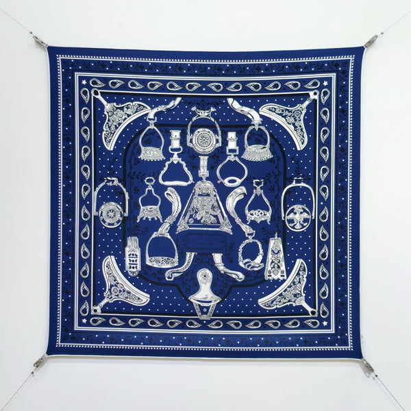 HM La Etriers Remix Bandana Scarf 90x90cm Navy Blue Twill Silk 303277