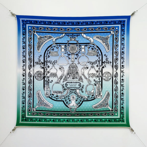 HM La Etriers Remix Bandana Scarf 90x90cm Blue Twill Silk 303278