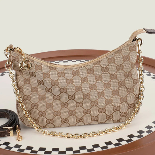 GG 2026 Lady Lunetta Chain Shoulder Bag 25cm Brown Canvas Leather