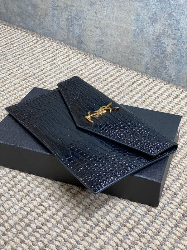 YSL 22s Uptown Pouch Clutch Bag Black Croc Embossed Leather GHW