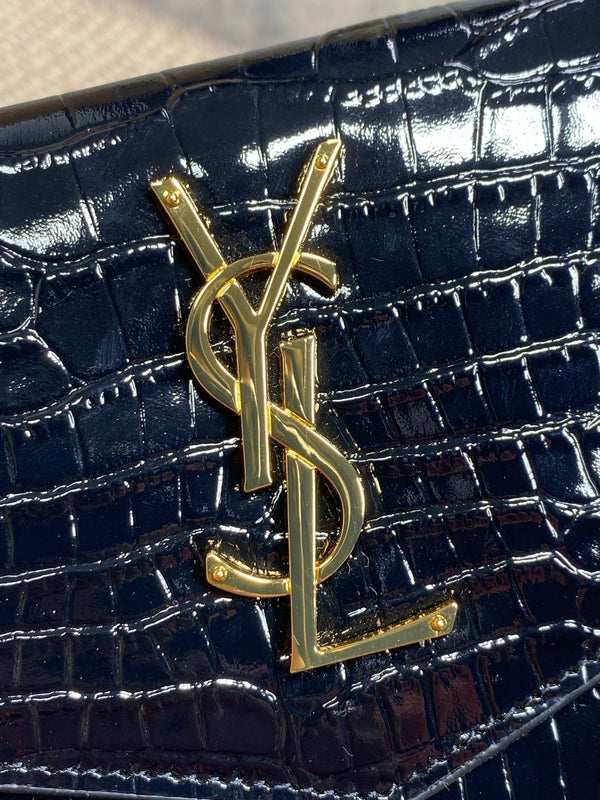 YSL 22s Uptown Pouch Clutch Bag Black Croc Embossed Leather GHW