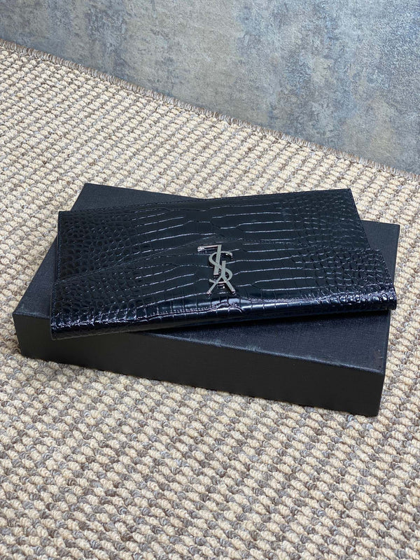 YSL 22s Uptown Pouch Clutch Bag Black Croc Embossed Leather Sliver HW