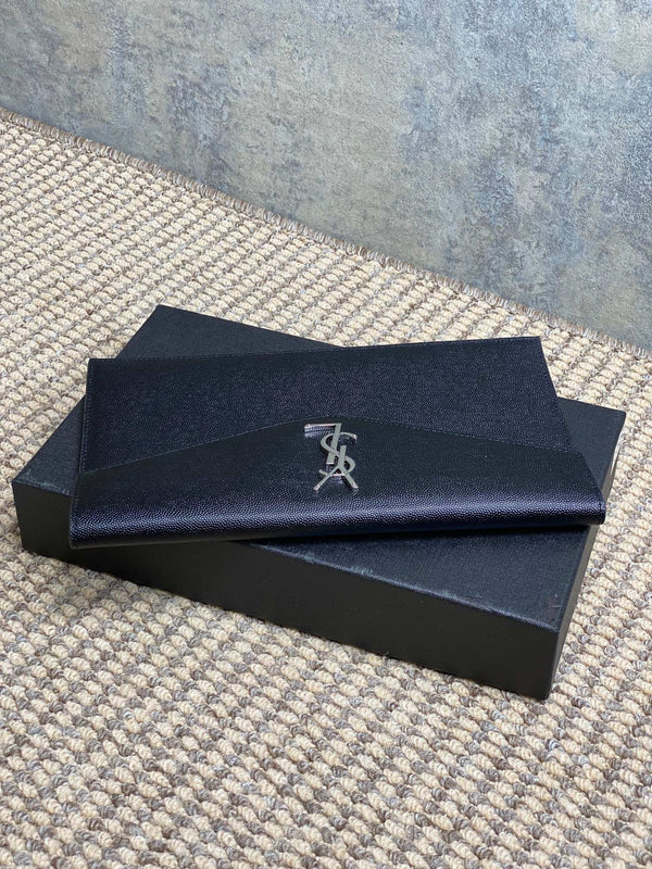 YSL 22s Uptown Pouch Clutch Bag Black Cowhide Sliver HW