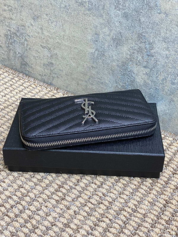 YSL Zippy Long Wallet Black Caviar Cowhide Sliver HW