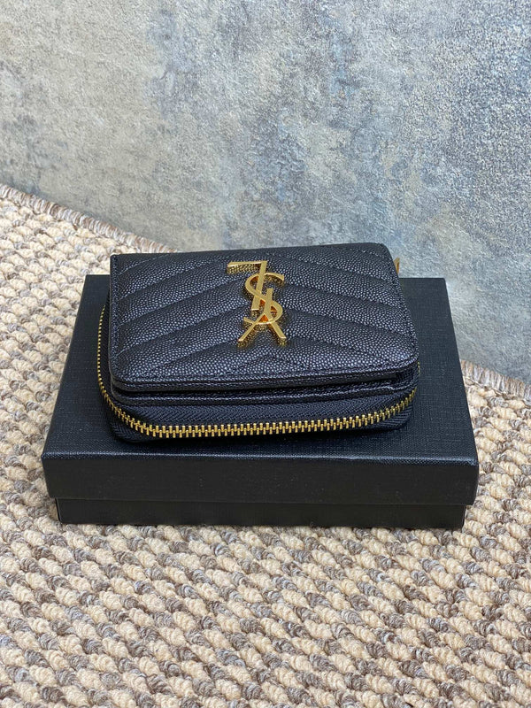 YSL Cassandre Matelassé Compact Zip-Around Wallet Black Caviar Cowhide GHW