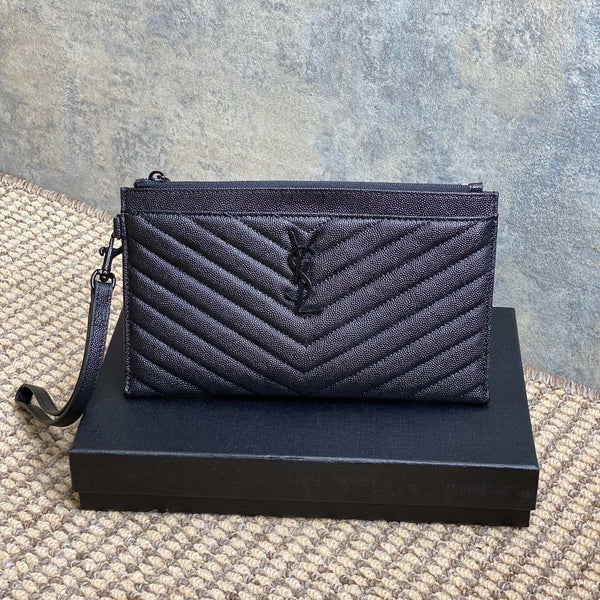 YSL Black Hardware Logo Zipper Clutch 23cm Black Caviar Cowhide