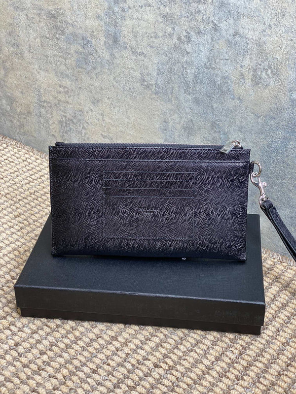 YSL Hardware Logo Zipper Clutch 23cm Black Caviar Cowhide