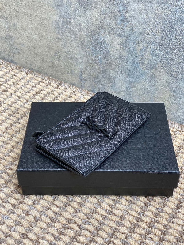 YSL Zip Coin Case With Card Full Black Caviar Cowhide GHW