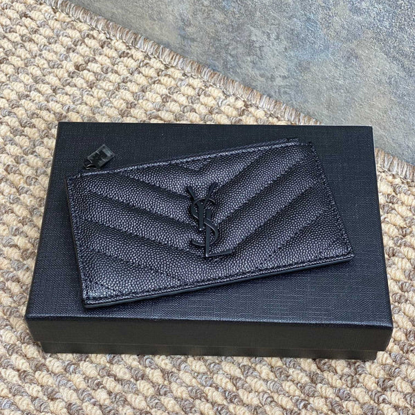 YSL Zip Coin Case With Card Full Black Caviar Cowhide GHW