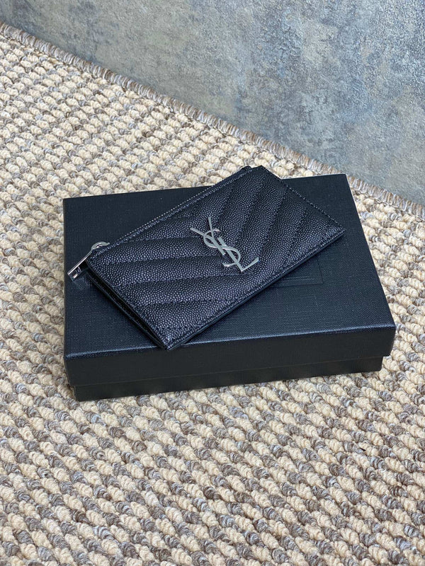 YSL Zip Coin Case With Card Black Caviar Cowhide Sliver HW