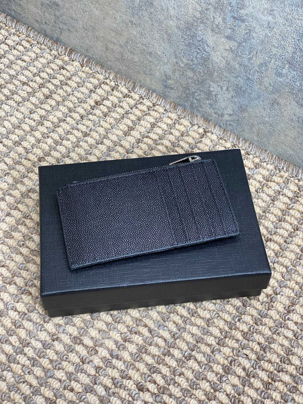 YSL Zip Coin Case With Card Black Caviar Cowhide Sliver HW