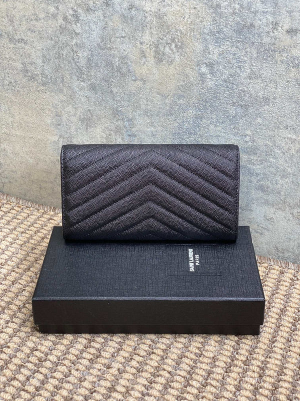 YSL Cassandre Envelope Flap Wallet Full Black Caviar Cowhide