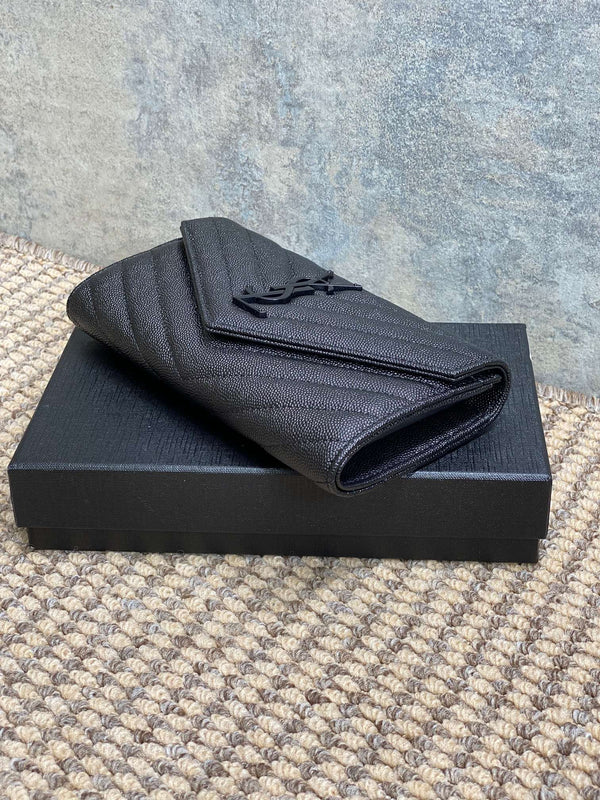 YSL Cassandre Envelope Flap Wallet Full Black Caviar Cowhide