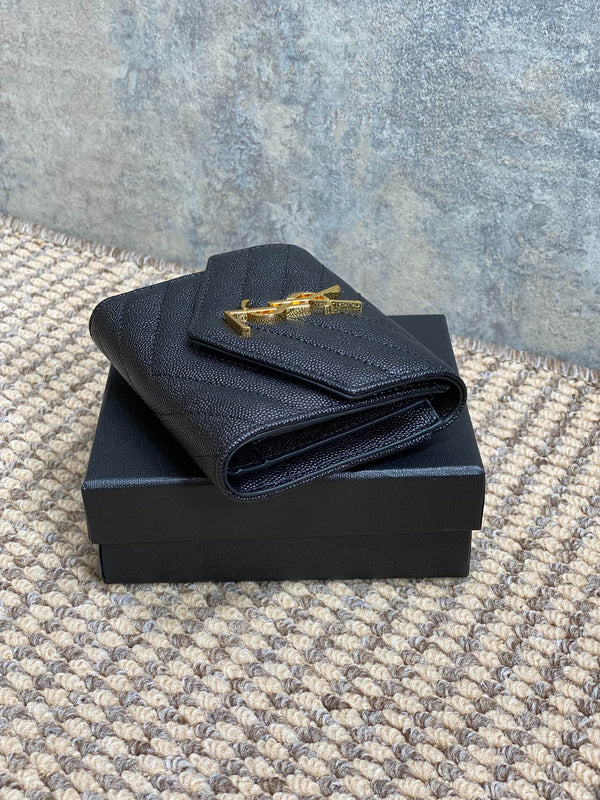 YSL Compact Flap Cassendre Wallet 10cm Black Leather GHW