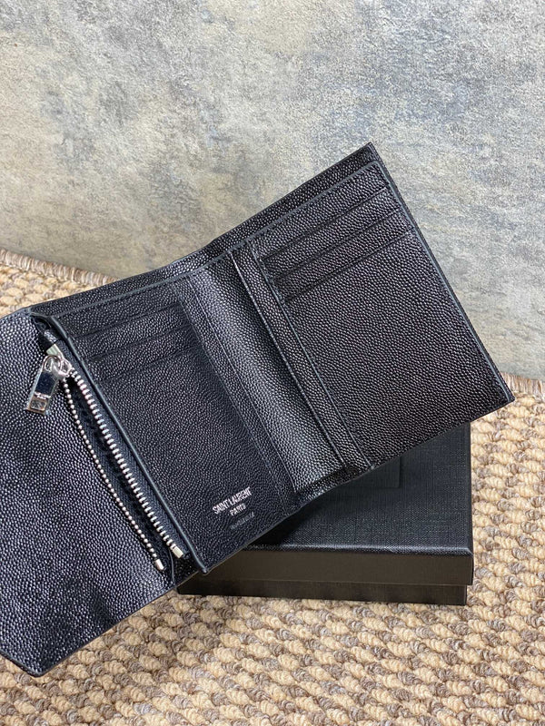 YSL Compact Flap Cassendre Wallet 10cm Black Leather Sliver HW