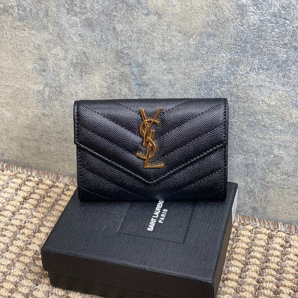 YSL GHW Logo Monogram Card Flap Wallet 13.5cm Black Caviar Cowhide