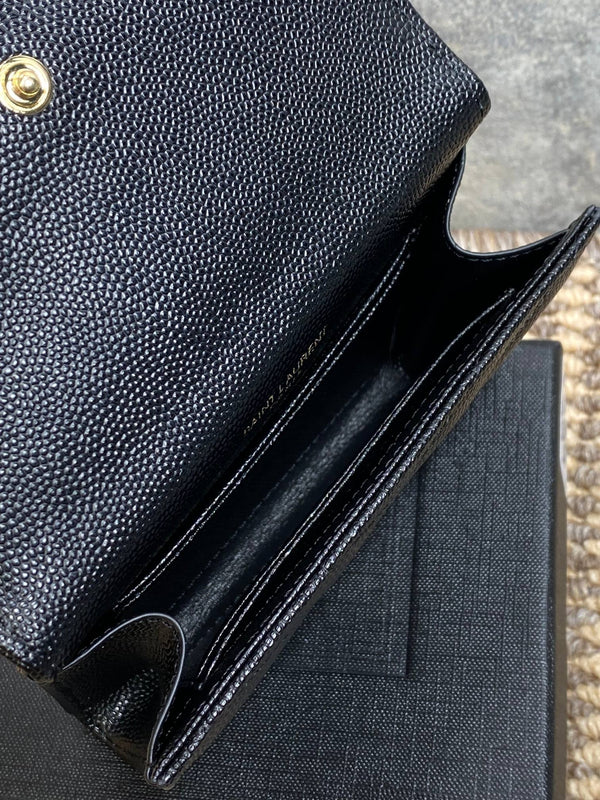 YSL GHW Logo Monogram Card Flap Wallet 13.5cm Black Caviar Cowhide