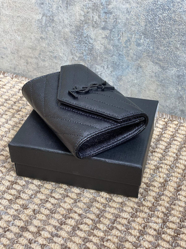 YSL Monogram Card Flap Wallet 13.5cm All Black Caviar Cowhide