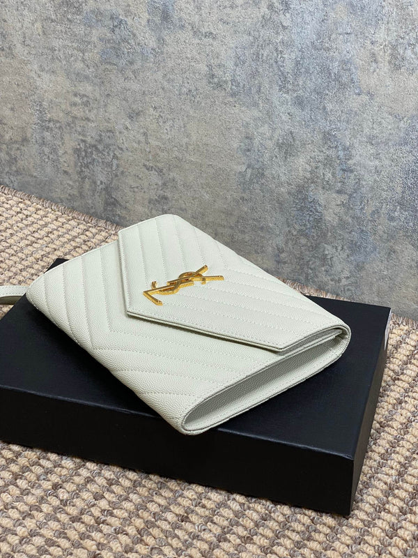 YSL Gold Hardware Logo Clutch 21cm White Caviar Cowhide
