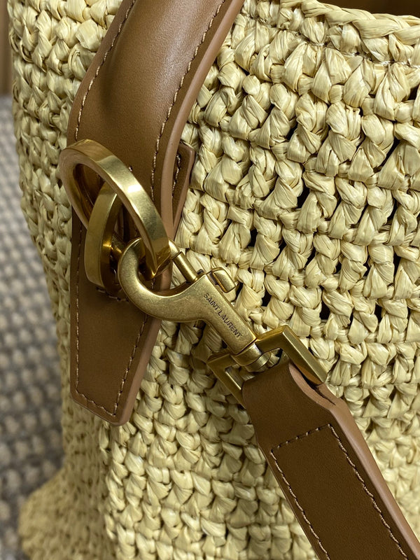 le 37 woven raffia 20cm brown calfskin