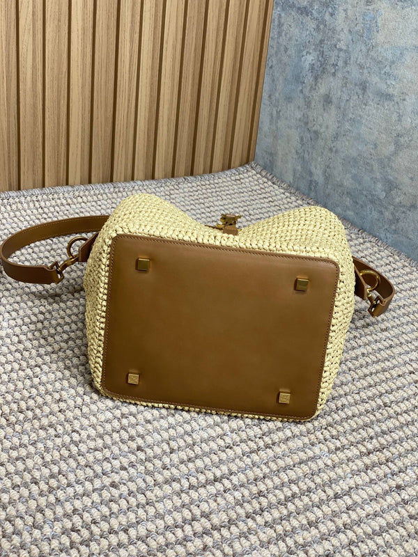 le 37 woven raffia 20cm brown calfskin