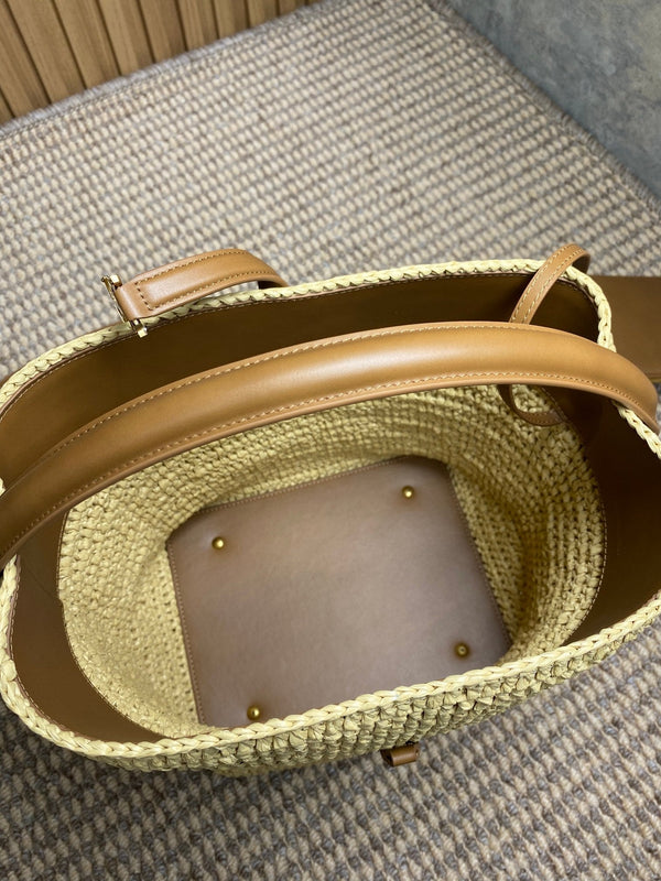 le 37 woven raffia 20cm brown calfskin