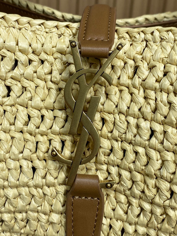 le 37 woven raffia 20cm brown calfskin