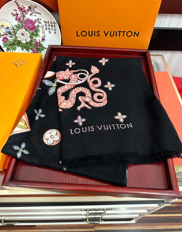 LV Long Scarf 200cm Black Pink Yellow Cashmere 967316