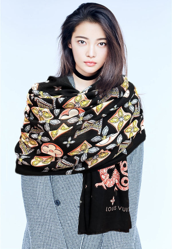 LV Long Scarf 200cm Black Pink Yellow Cashmere 967316