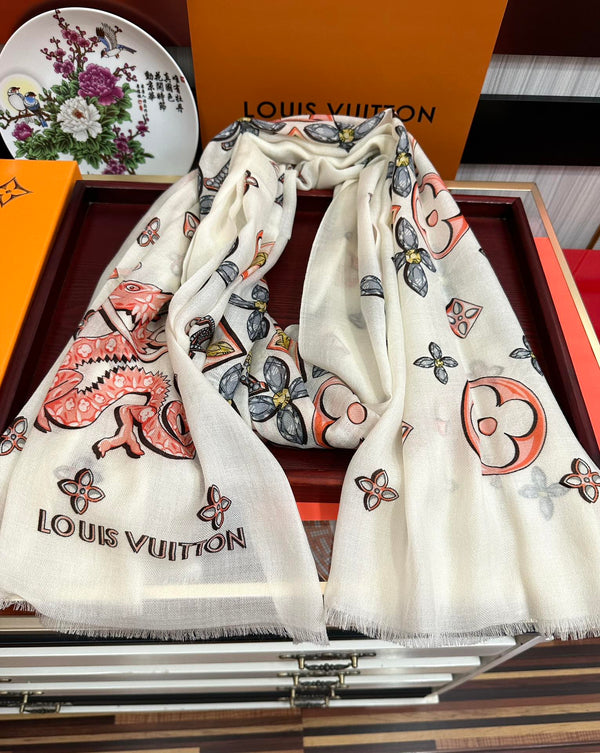 LV Long Scarf 200cm White Pink Yellow Cashmere 967317