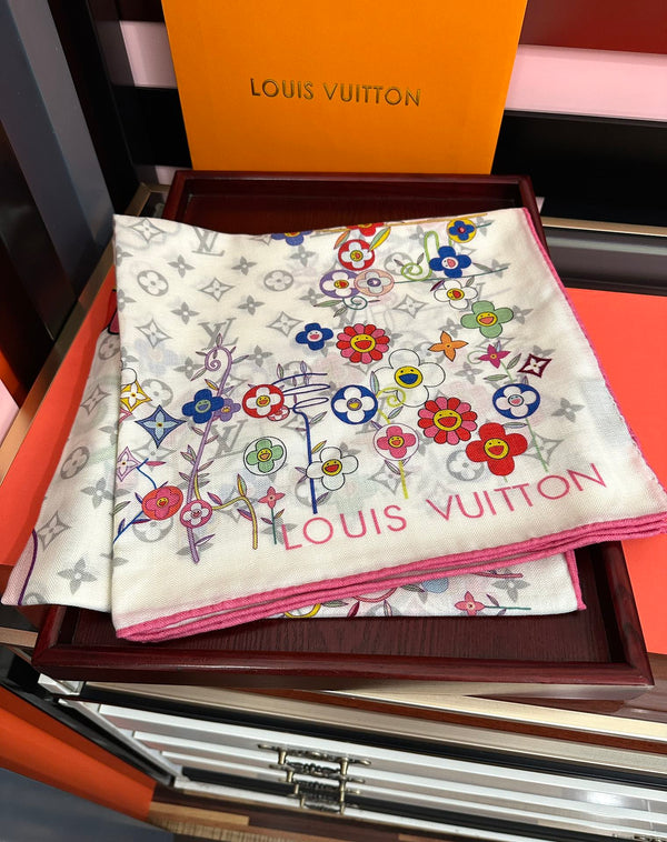 LV Double-Sided 140cm White Colorful Silk Cashmere 967344