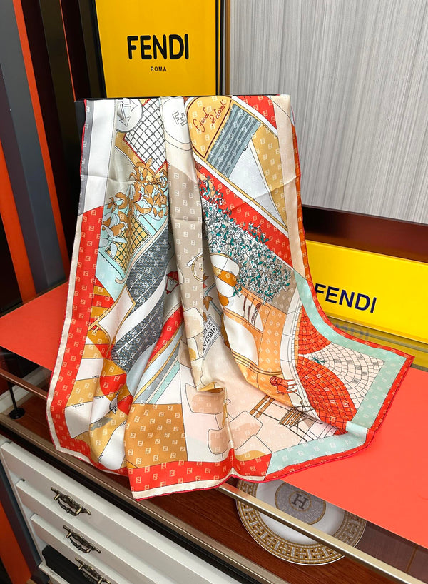 FF 90CM Scarf Orange White Mulberry Silk 103065
