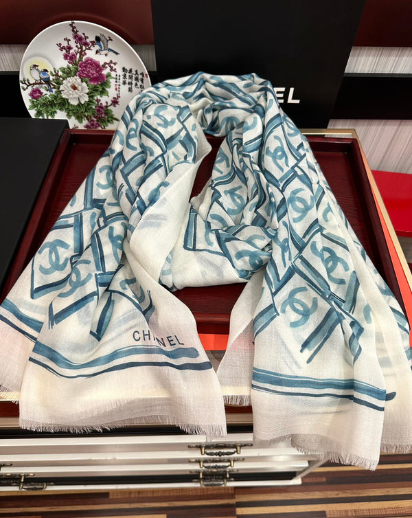 LV Latest Style Scarf 200cm White Blue Cashmere 970872