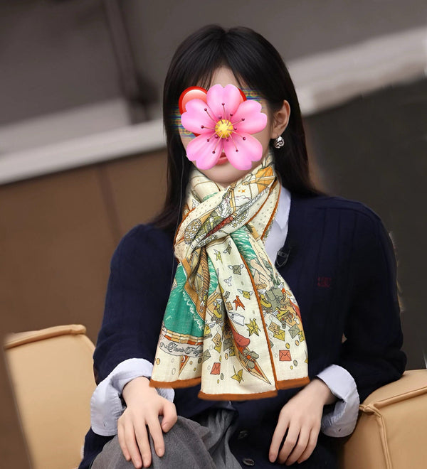 HM 26s Double-sided Scarf 185cm Creme Orange Vert Cashmere 153122