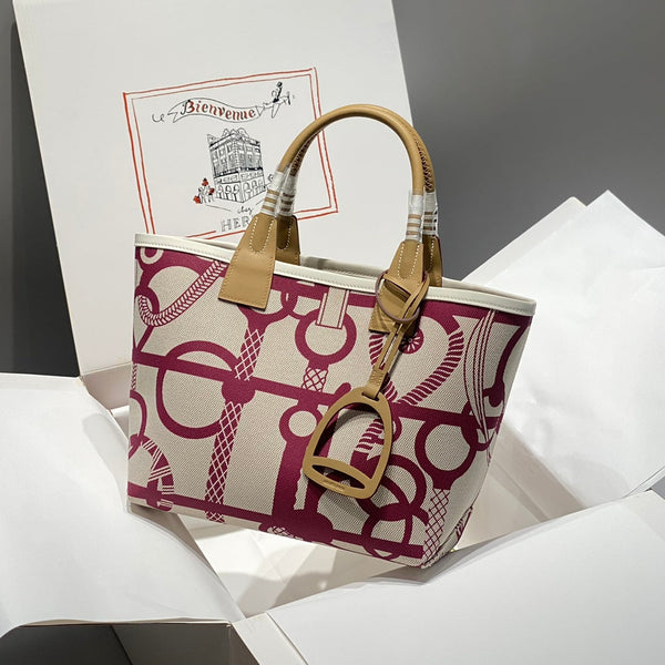 STEEPLE 28 BAG IN OFF-WHITE MIX PERSIAN PLUM RED CANVAS AND BROWN SWIFT LEATHER