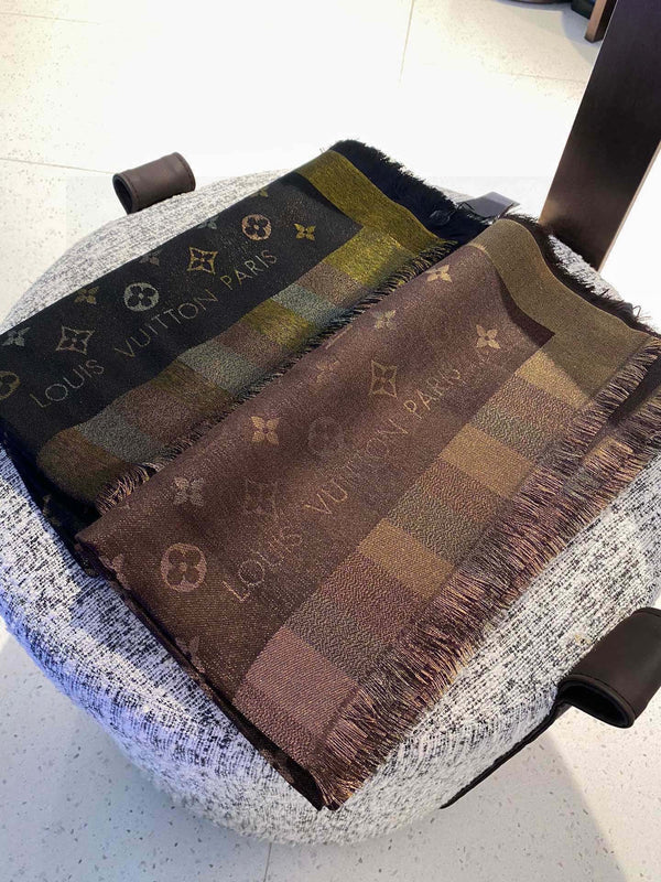 LV Monogram Scarf 140cm Black Beige Silk and Wool 967231