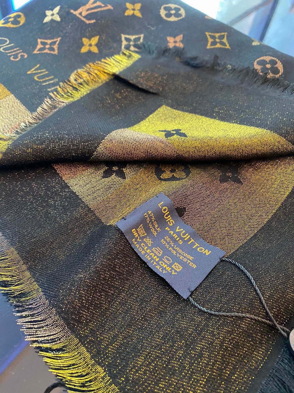 LV Monogram Scarf 140cm Black Beige Silk and Wool 967231