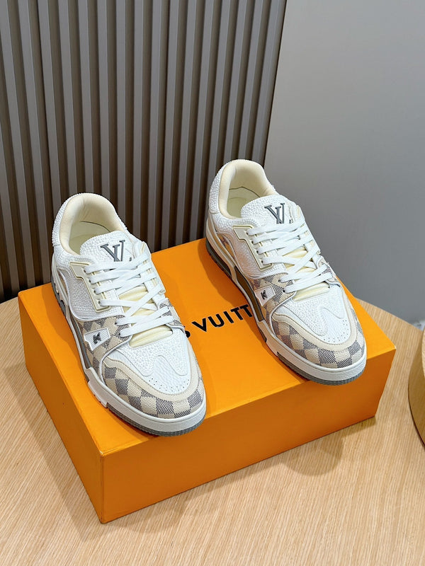 LV TRAINER BEIGE CREAM DAMIER MIX WHITE GRAINED CALFSKIN