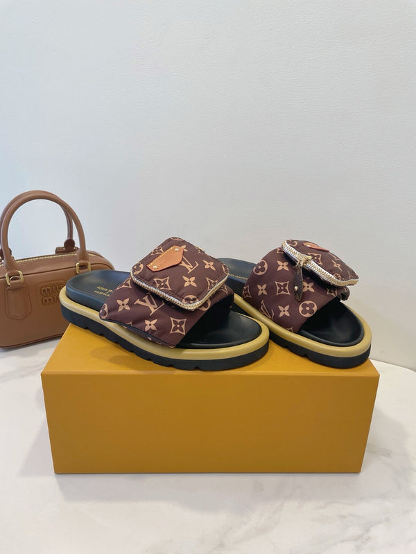 LV x TM Pool Pillow Flat Comfort Mule Brown Monogram Nylon 241325