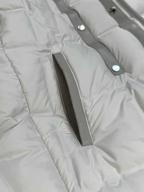 LP 25 Hooded Long Goose Down Light Gray Jacket with Fur Trim 124985