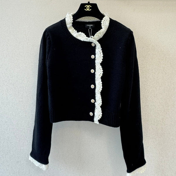 CC 2026 Lace-trimmed Cardigan Black Mix White Wool 424721