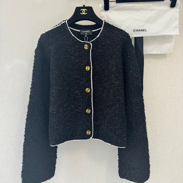 CC 26s Neck Long Sleeved Cardigan Black Tweed 364286