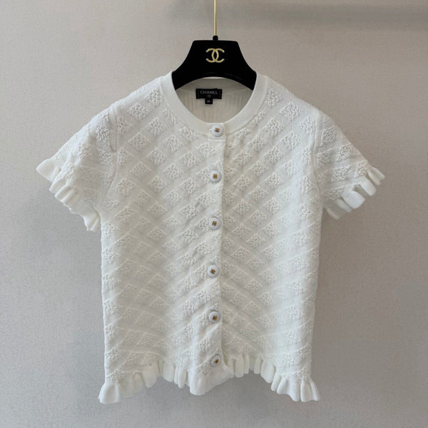 CC Crew Neck Short-Sleeved Cardigan White Cotton Silk 394834