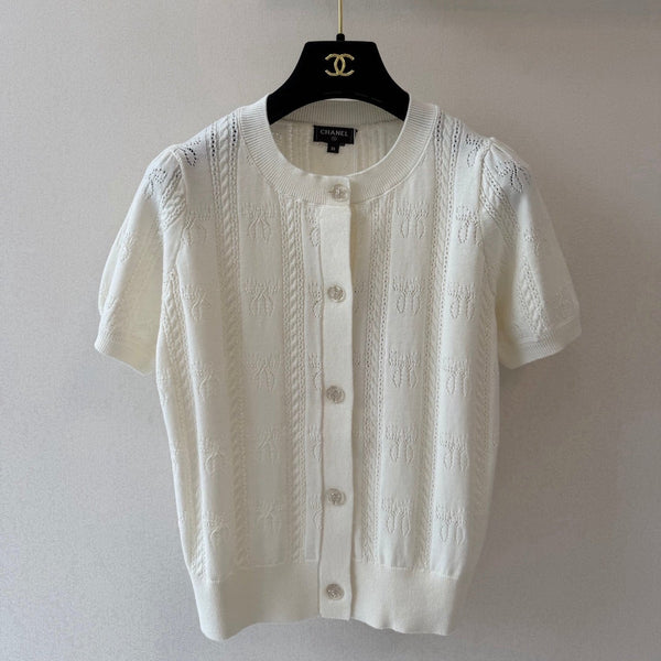CC Crew Neck Short-Sleeved Cardigan White Cotton Silk 394825