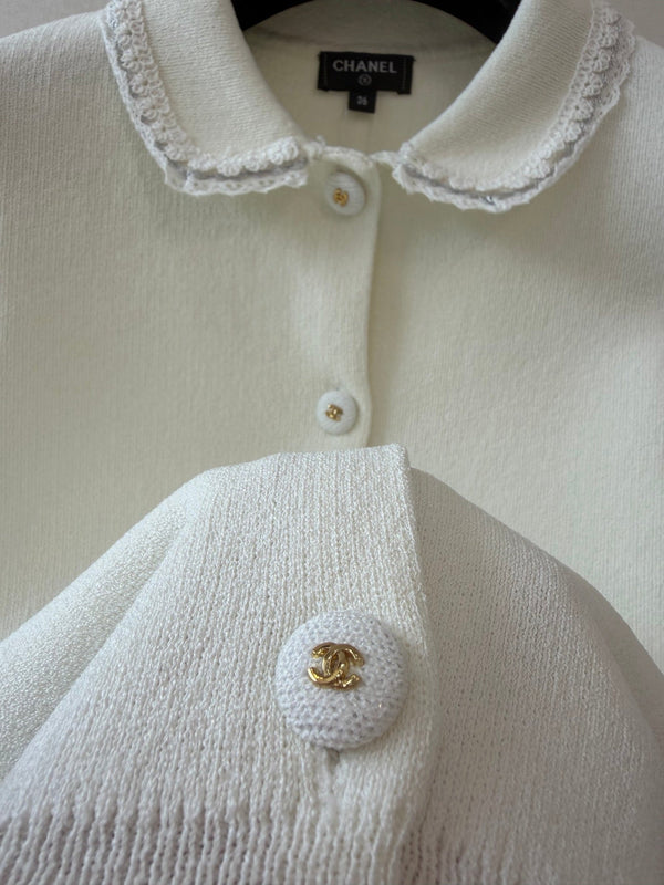 CC Collared Short-Sleeved Cardigan White Cotton Silk 394827