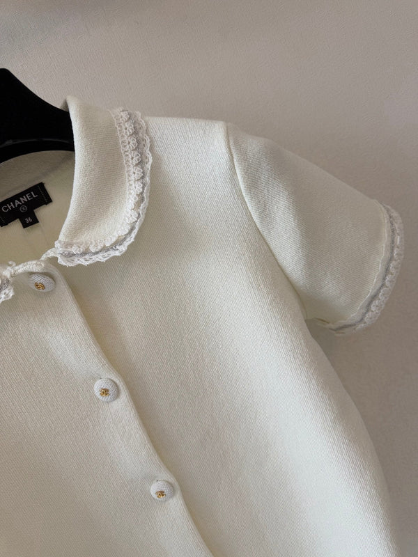 CC Collared Short-Sleeved Cardigan White Cotton Silk 394827