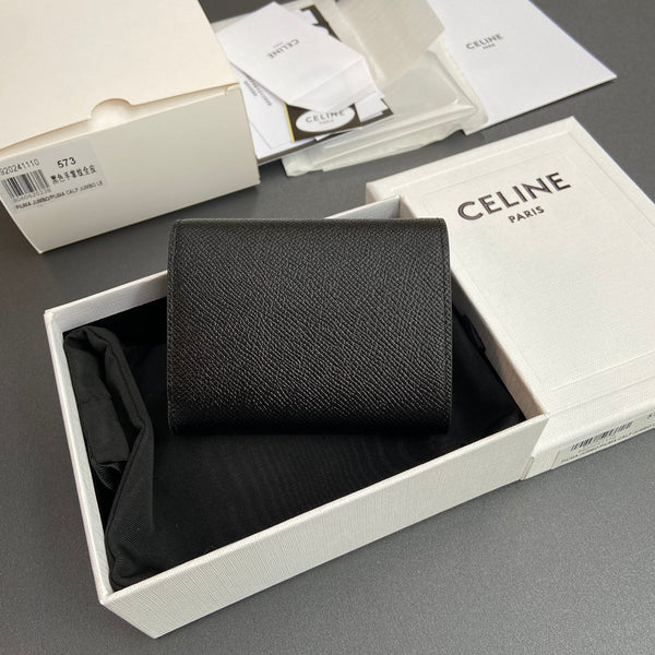 TRIOMPHE Tri-fold Wallet Black Grain Cowhide