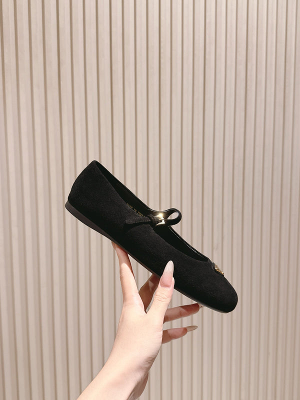 PRA 25s Ballet Flats with Small Buckle Black Suede 449710