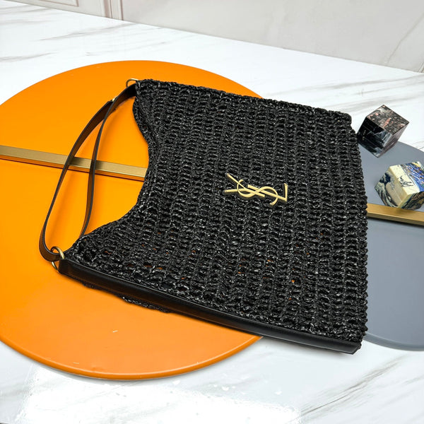 YSL OXALIS 37CM BLACK RAFFIA TAN CALFSKIN